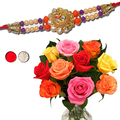 "Fancy Rakhi - FR- 8070 A (Single Rakhi), 12 Mixed roses flower bunch - Click here to View more details about this Product